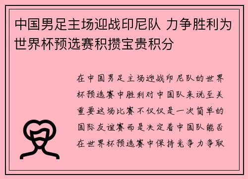 中国男足主场迎战印尼队 力争胜利为世界杯预选赛积攒宝贵积分